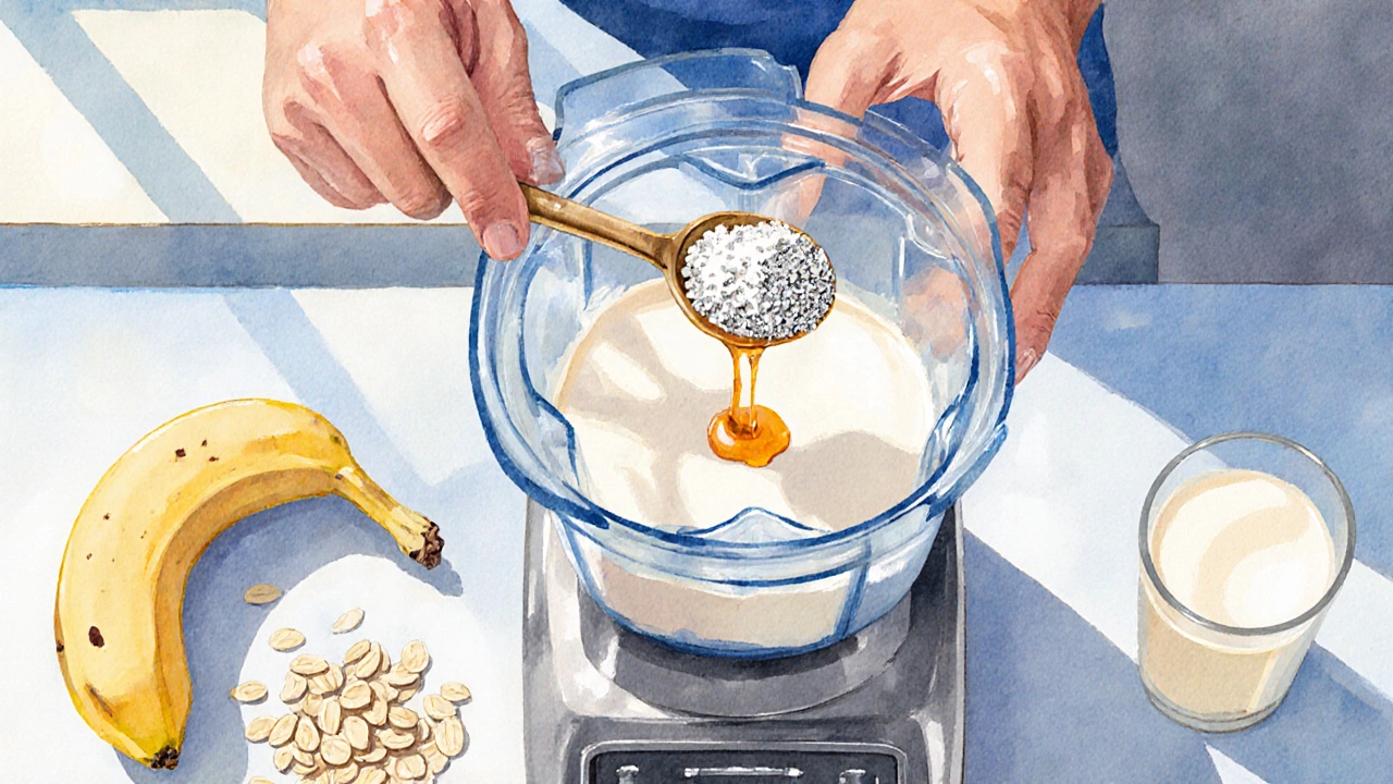 Человек готовит протеиновый коктейль в блендере с бананом и мёдом.