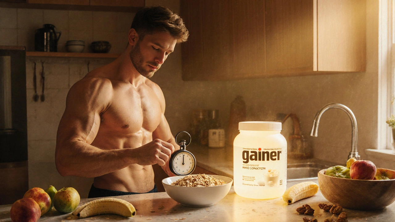 Лёгкий мужчина ест овсянку с бананом вместо гейнера.