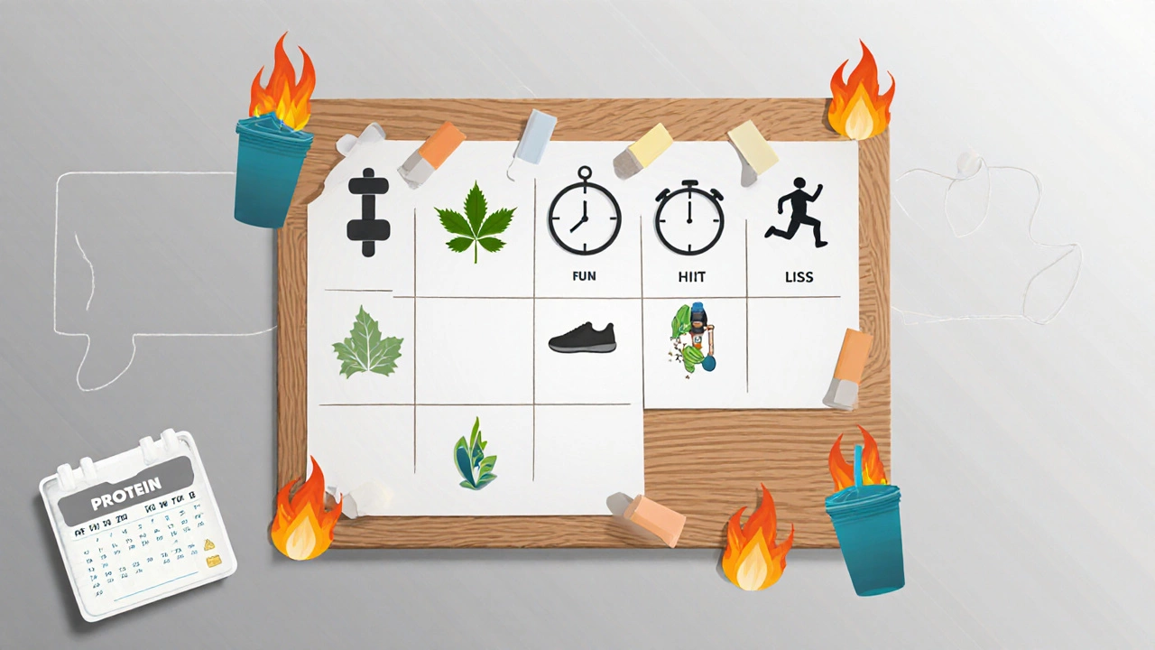 План недели на стене с иконками силовых тренировок, HIIT и LISS, окружённый символами ускоренного метаболизма.
