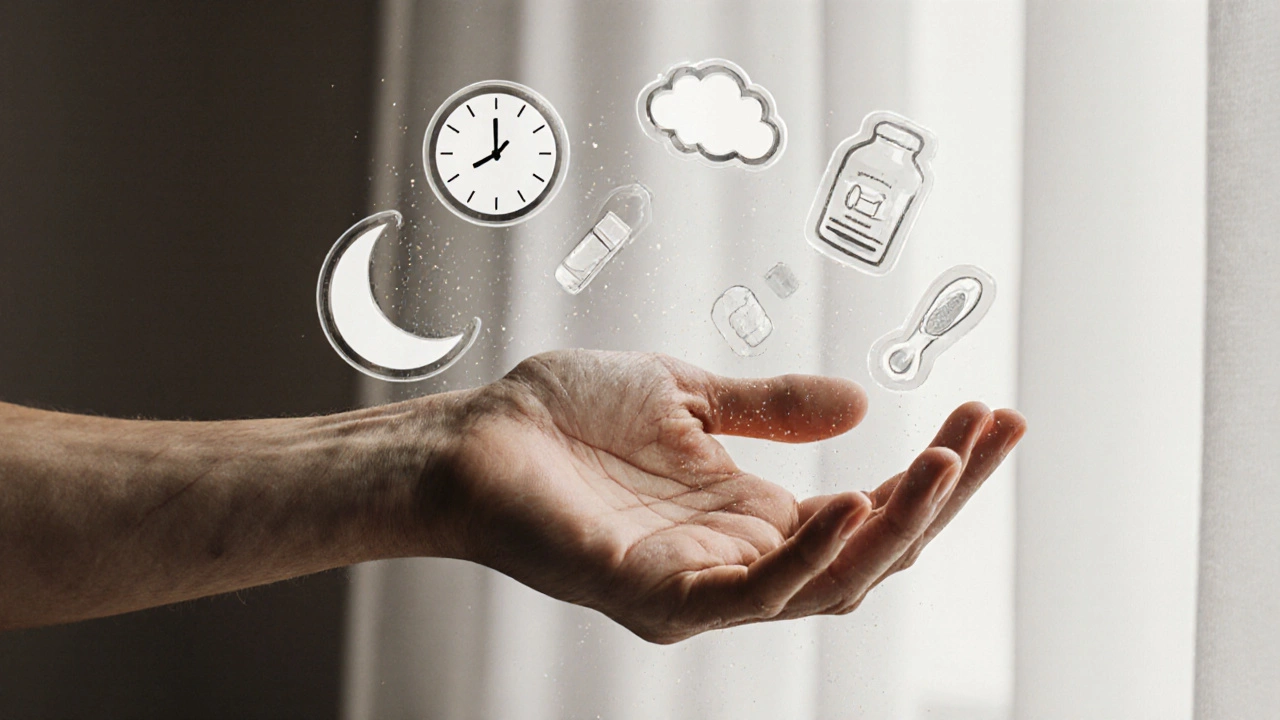 Рука теряет мышечную массу, вокруг плавают семь разрушающих факторов, рассеивающихся в пыли.