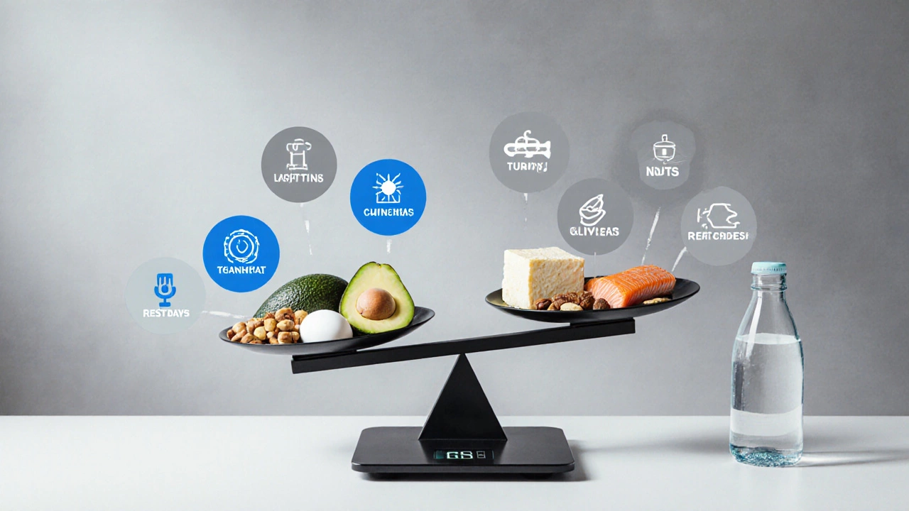 Сбалансированная схема питания для сушки: белки, жиры и углеводы, распределенные по дням тренировок и отдыха.