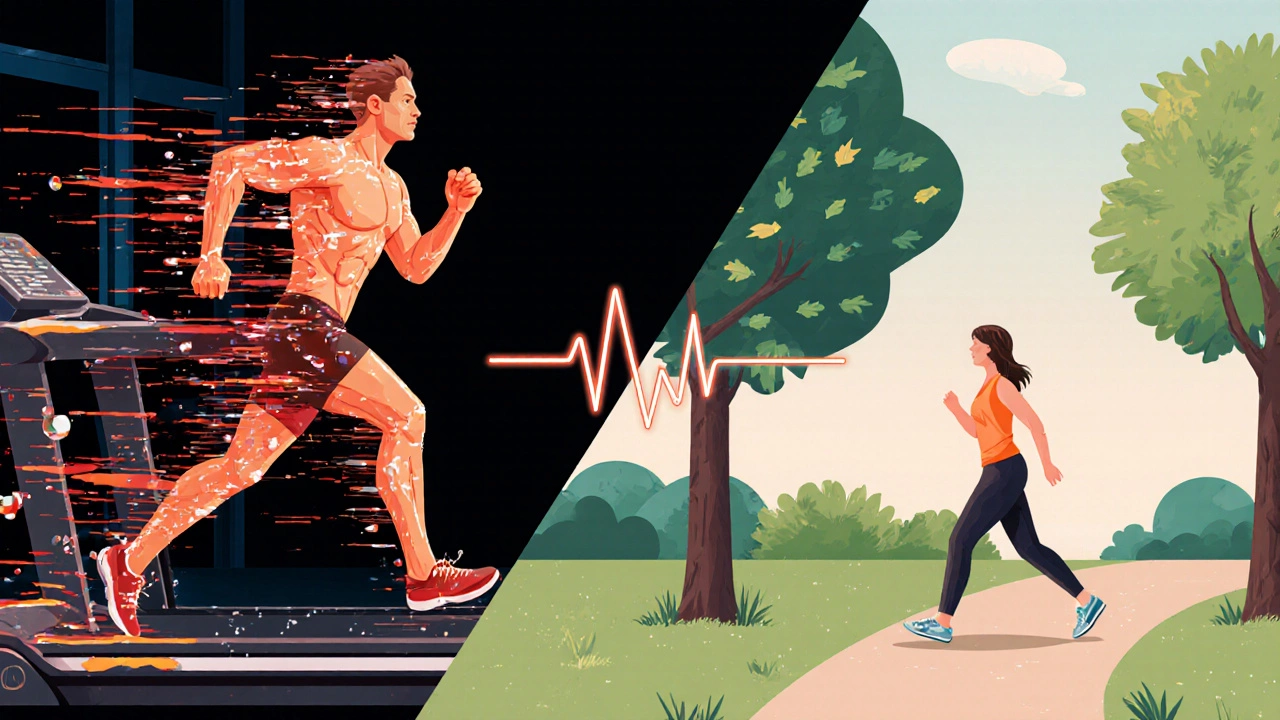 Сцена деления: слева интенсивный спринт (HIIT), справа спокойная быстрая ходьба (LISS) в парке.