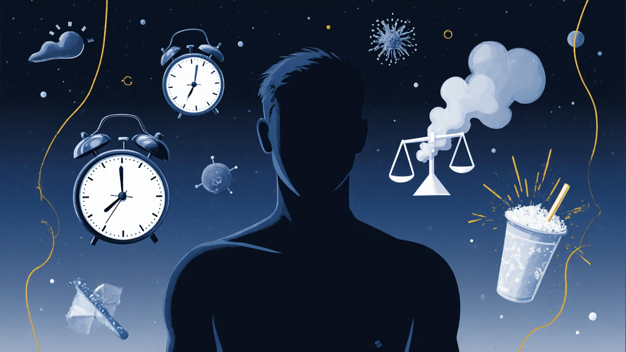 Силуэт человека с символами разрушения мышц: часы, весы, молекула кортизола, сахар.