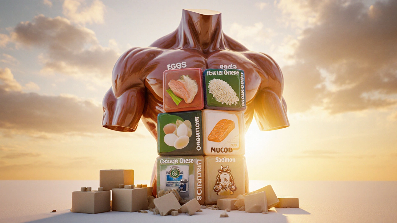 Человеческий торс из пищевых блоков, растущий под солнцем, символизирующий рост мышц через питание.