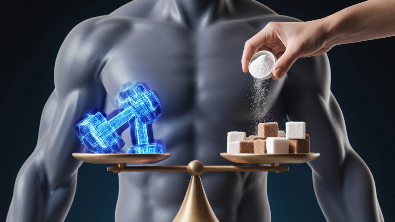 Человеческое тело как весы: мышцы с одной стороны, жир — с другой, гейнер на весах.