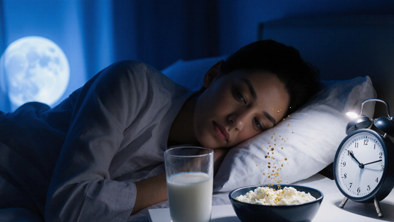 Человек спит, рядом с кроватью творог и кефир — ночной восстановительный прием пищи