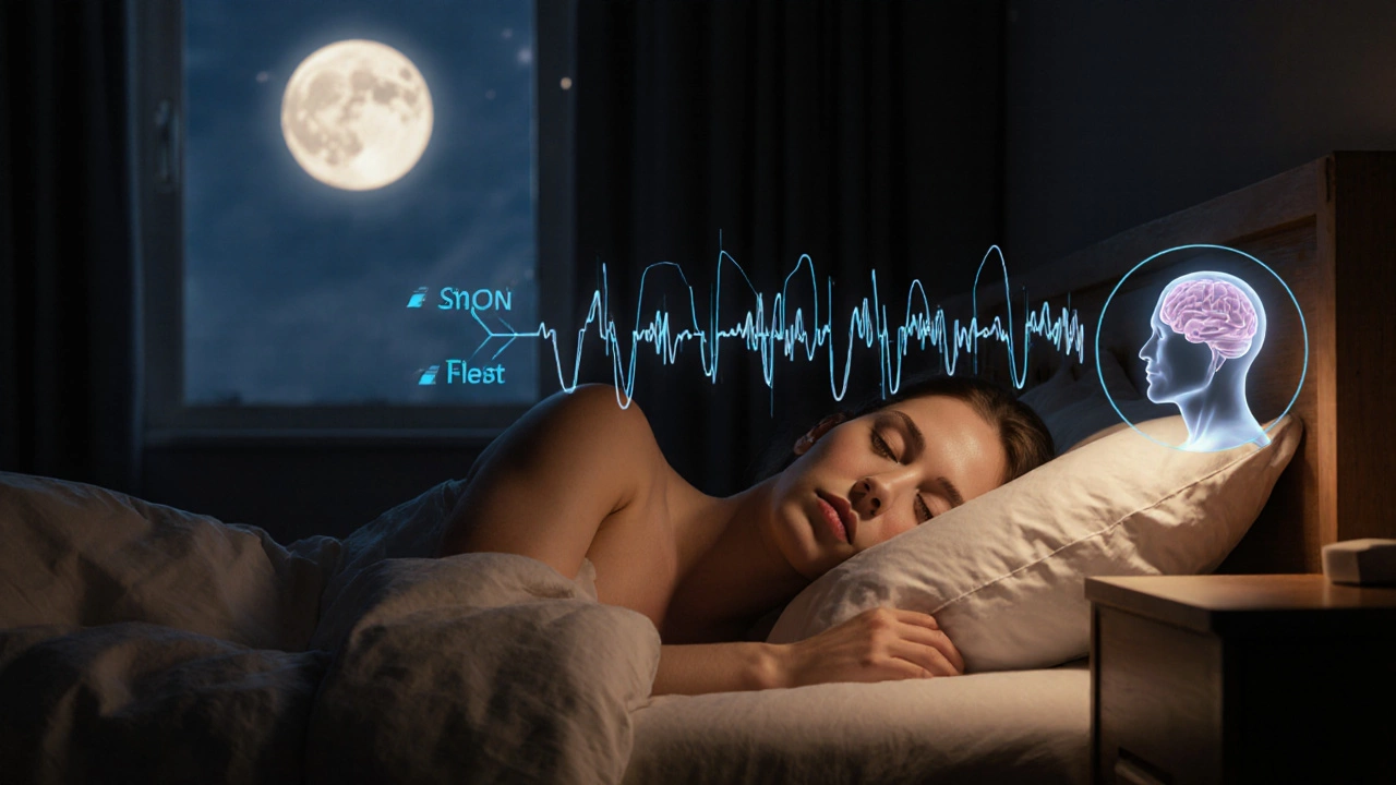 Человек спит в темной комнате, над телом видны волны гормонов роста, мягкий лунный свет.