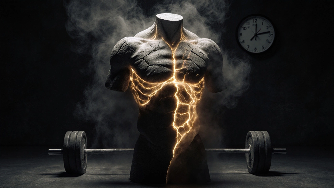 Каменный торс с золотыми венами — символ сохранения мышц при сушке, окруженный дымом жира.