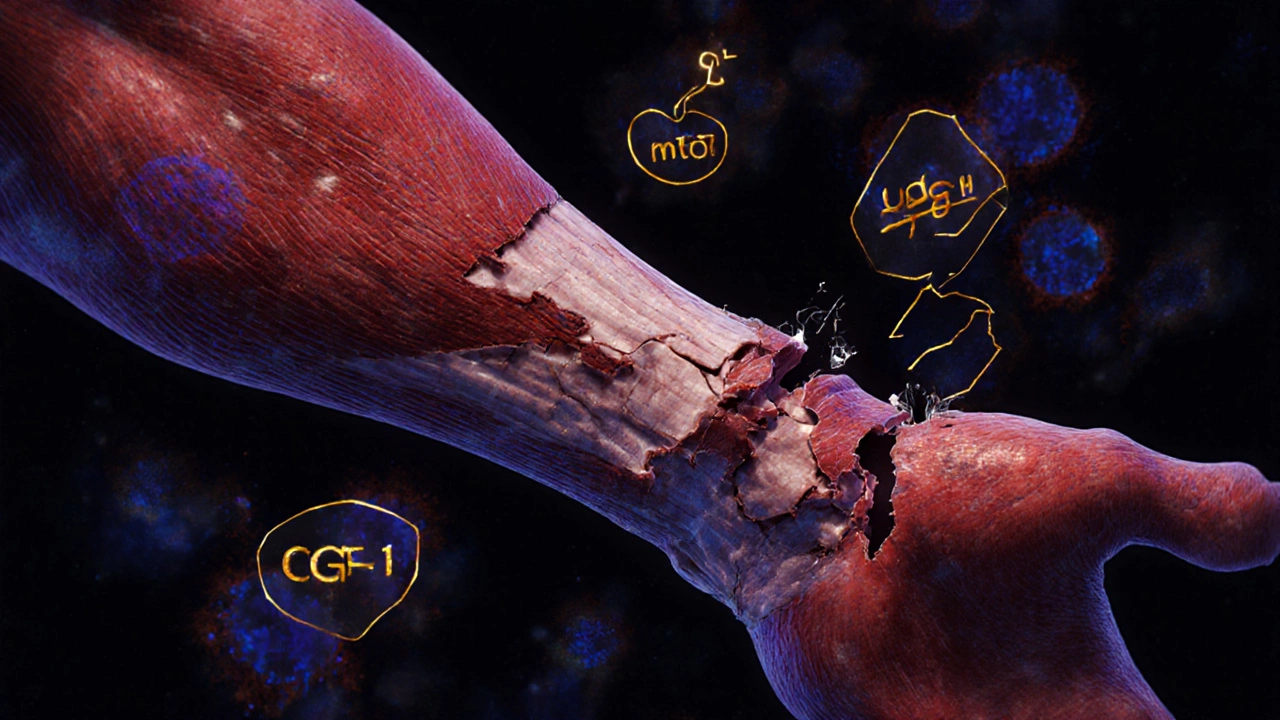 Микроскопическое изображение мышечного волокна с микротравмами и молекулярными сигналами роста.