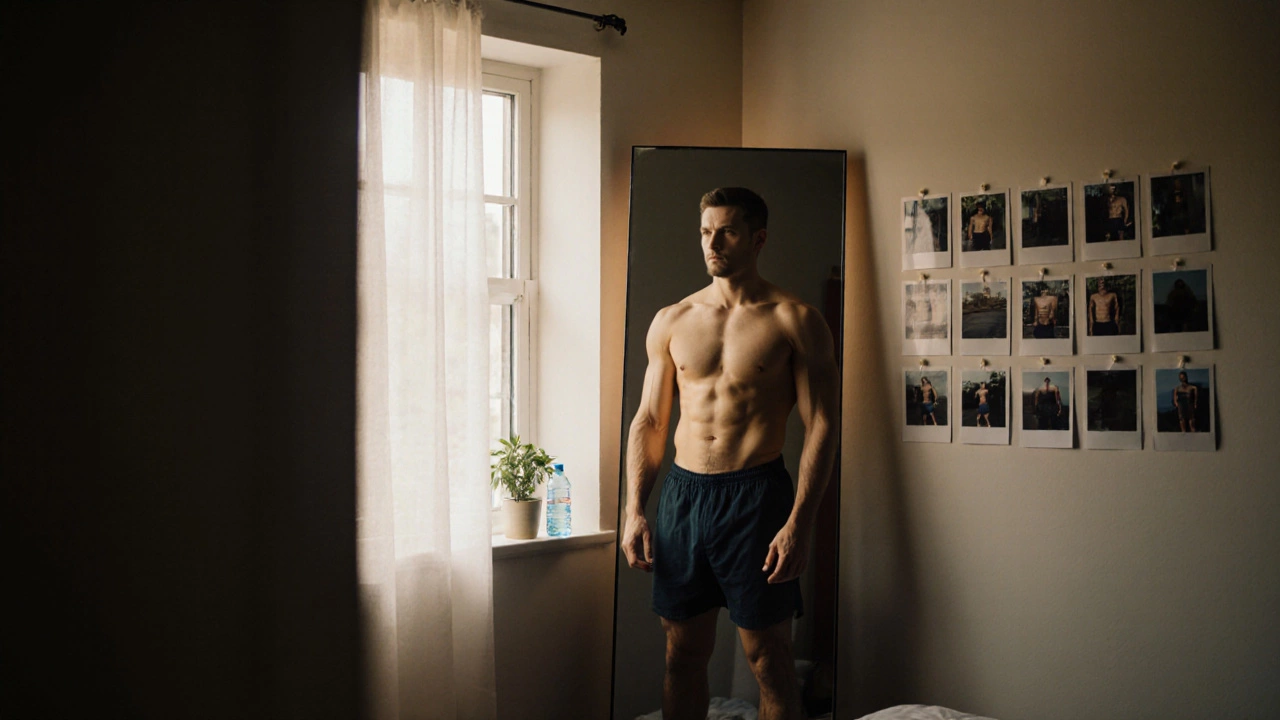 Мужчина смотрит в зеркало, на стене — фото прогресса за 12 недель, мягкий свет у окна.