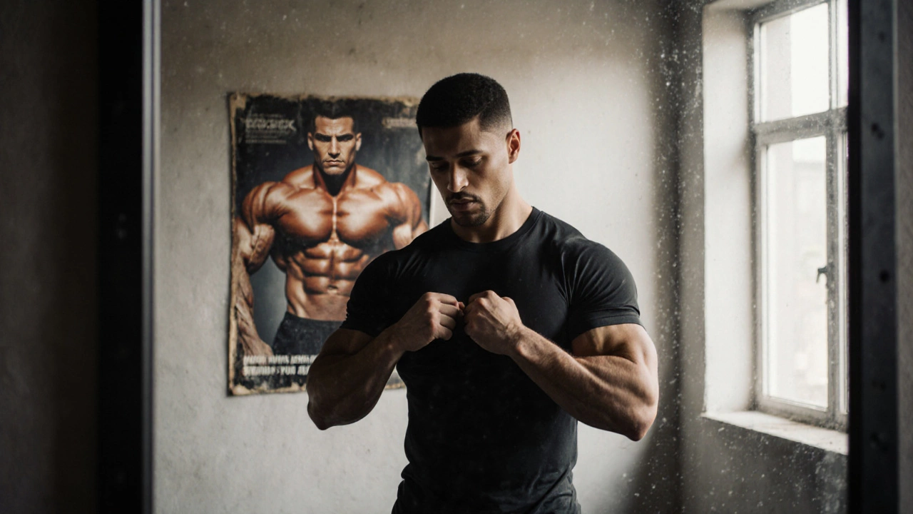 Мужчина в зеркале тренировочного зала, ощупывающий твёрдые бицепсы и мягкий живот