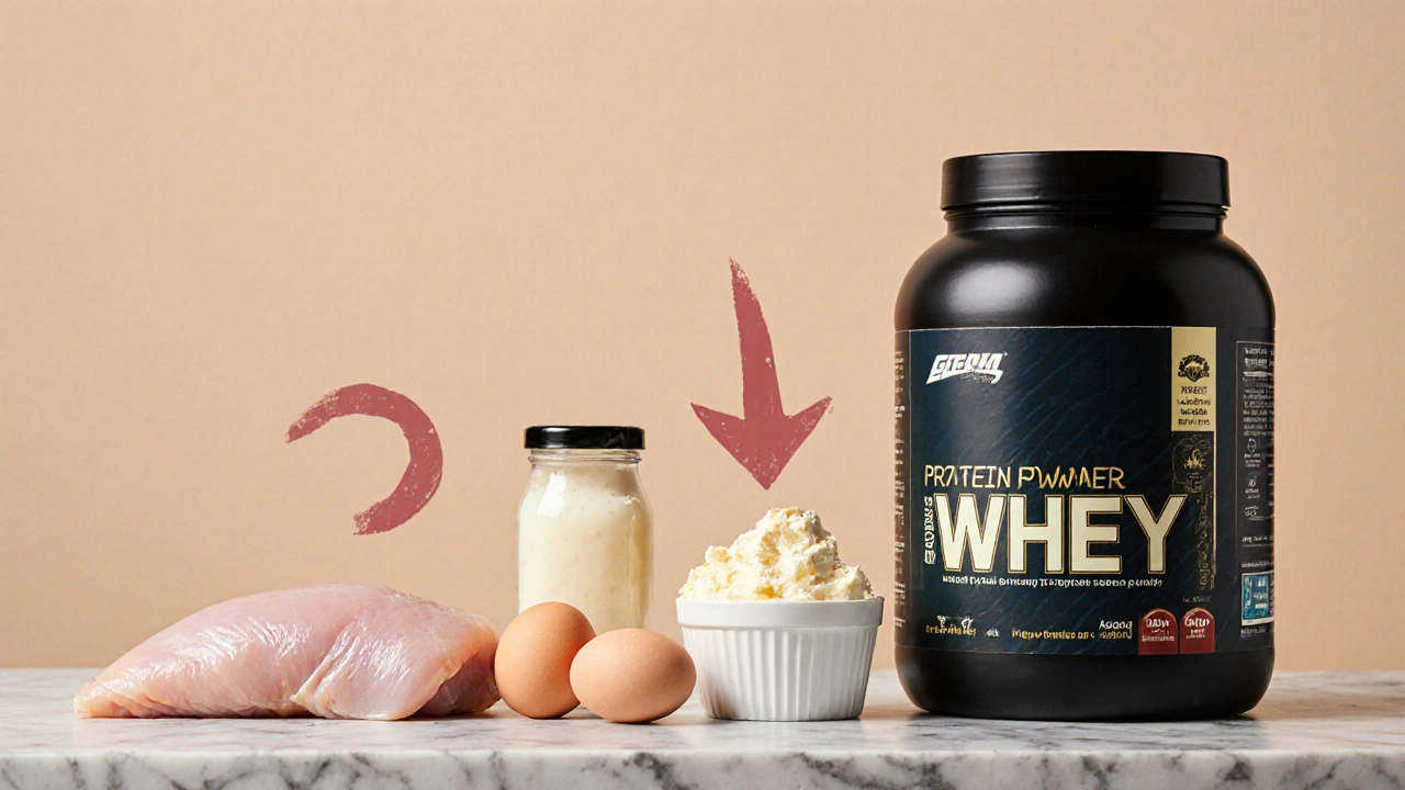 На столе разные источники белка: курица, яйца, творог и протеиновый порошок.