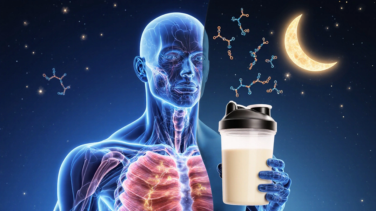 Прозрачное тело с потоками аминокислот, восстанавливающих мышцы, в ночном свете.