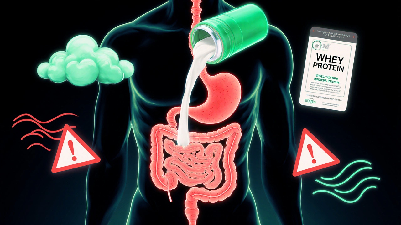 Схема пищеварительной системы с протеиновым порошком и скрытыми добавками, вызывающими дискомфорт в животе.