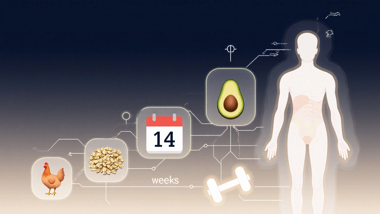 Силуэт тела с прозрачными слоями, показывающими снижение жира за 14 недель с символами еды и тренировок.