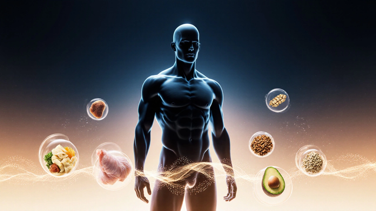 Силуэт тела с разделением на мышцы и жир, вокруг — изображения здоровой пищи: курица, авокадо, овес.