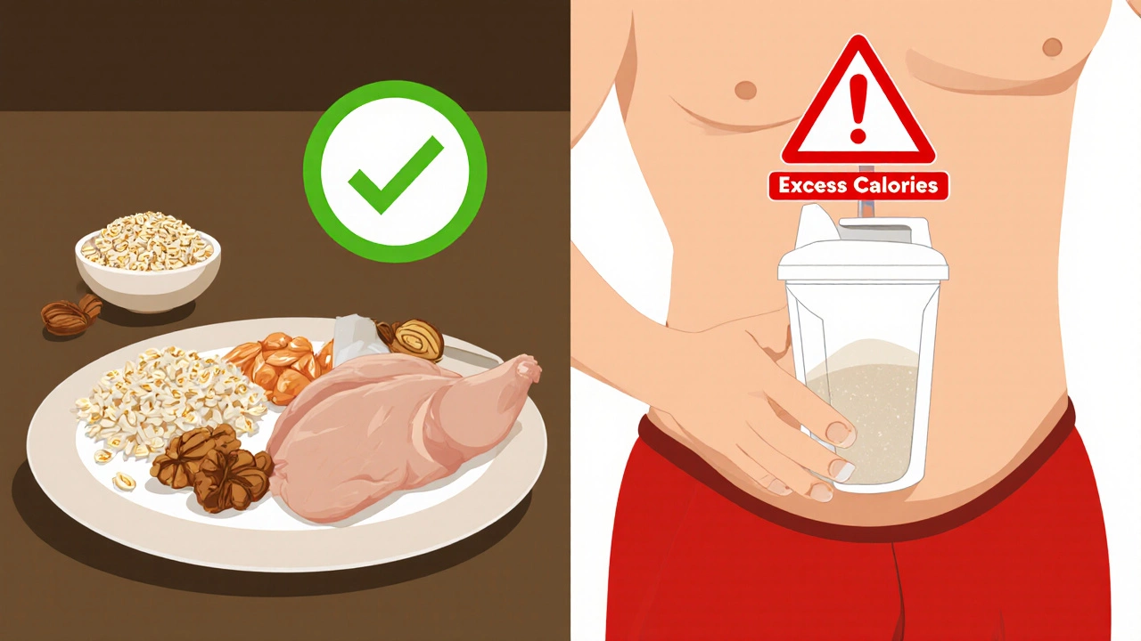 Сравнение здоровой еды и гейнера: слева — курица и овсянка, справа — порошок с предупреждением.