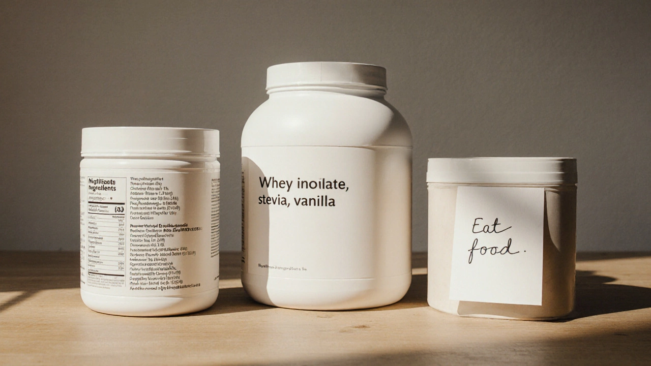 Три банки протеина на деревянном столе: одна с длинным списком ингредиентов, одна простая, одна пустая с надписью &#039;Ешь настоящую еду&#039;.
