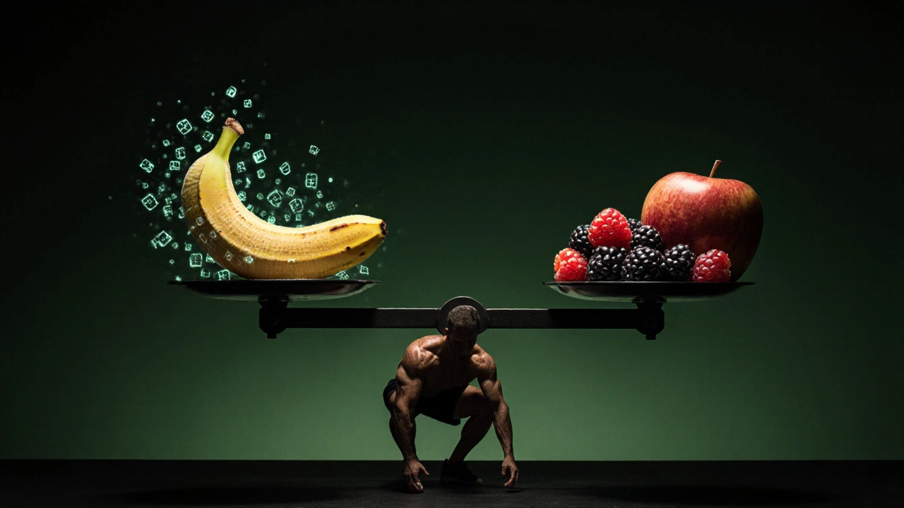 Весы с бананом и ягодами над силуэтом атлета, символизирующие баланс питания при сушке.