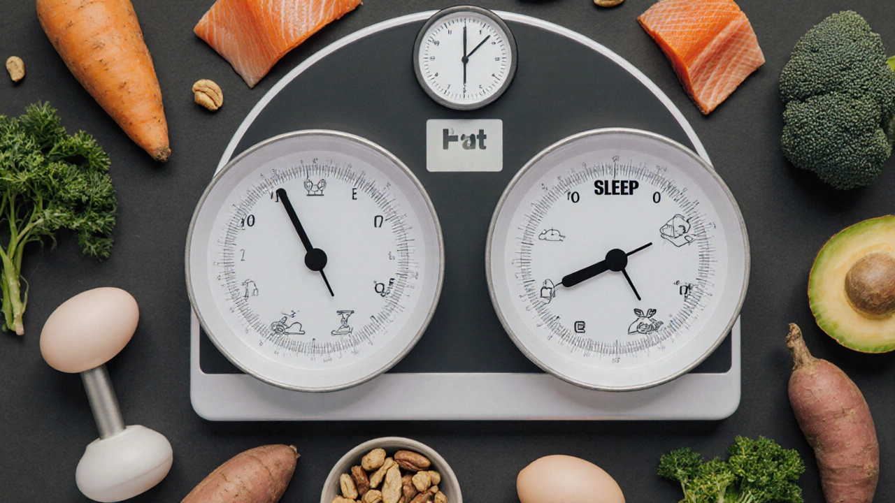 Весы с гирями и жиром, в центре — часы и символ сна, вокруг — здоровые продукты, без людей и текста.