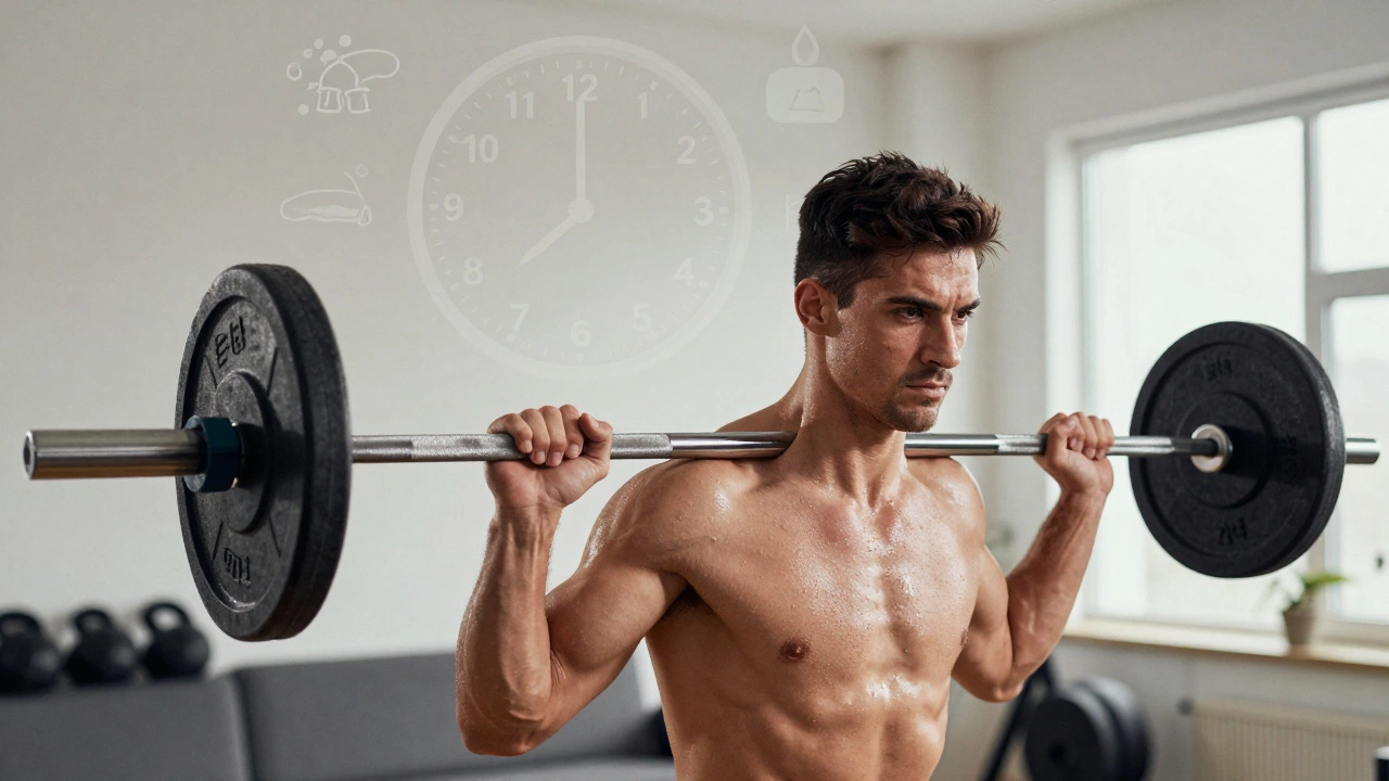 Атлет медленно опускает штангу при подъеме, на фоне — символы восстановления: сон, вода, стресс.