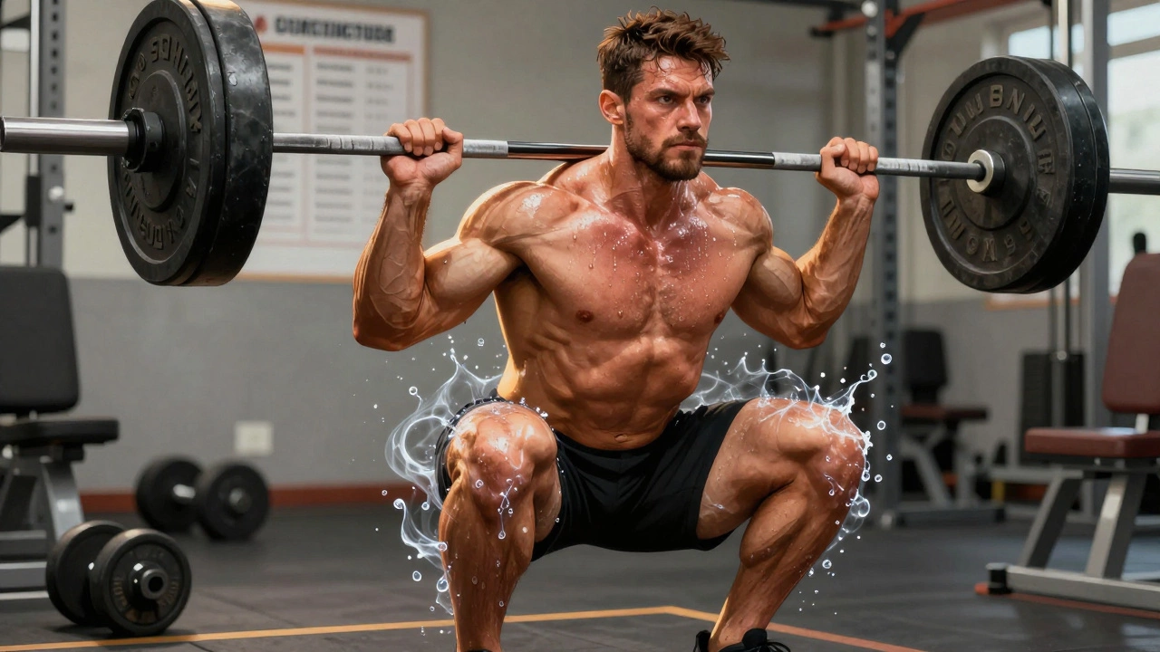 Бодибилдер выполняет приседания со штангой, мышцы наполняются объемом под золотистым светом.