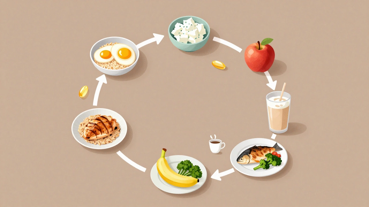 Циклическая схема питания для сушки: яйца, курица, рис, протеин и омега-3, изображённые как визуальные иконки без текста.