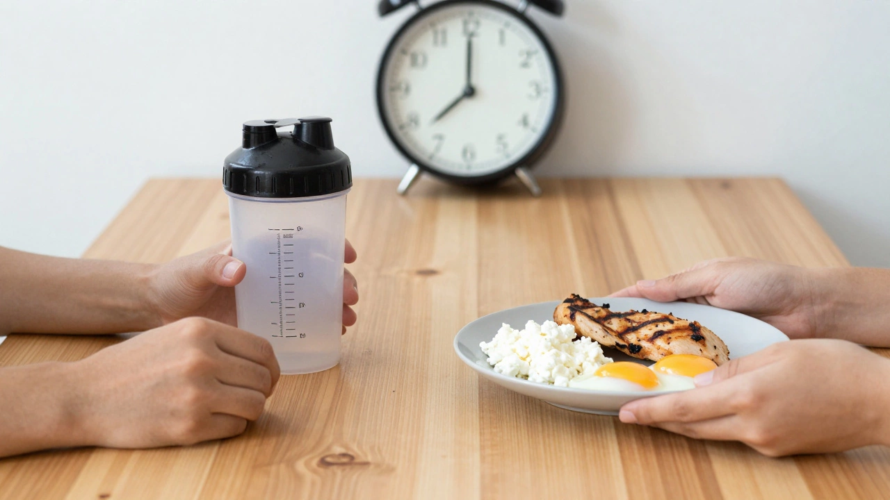 Две руки: одна держит протеиновый шейкер, другая — тарелку с курицей, яйцами и творогом.