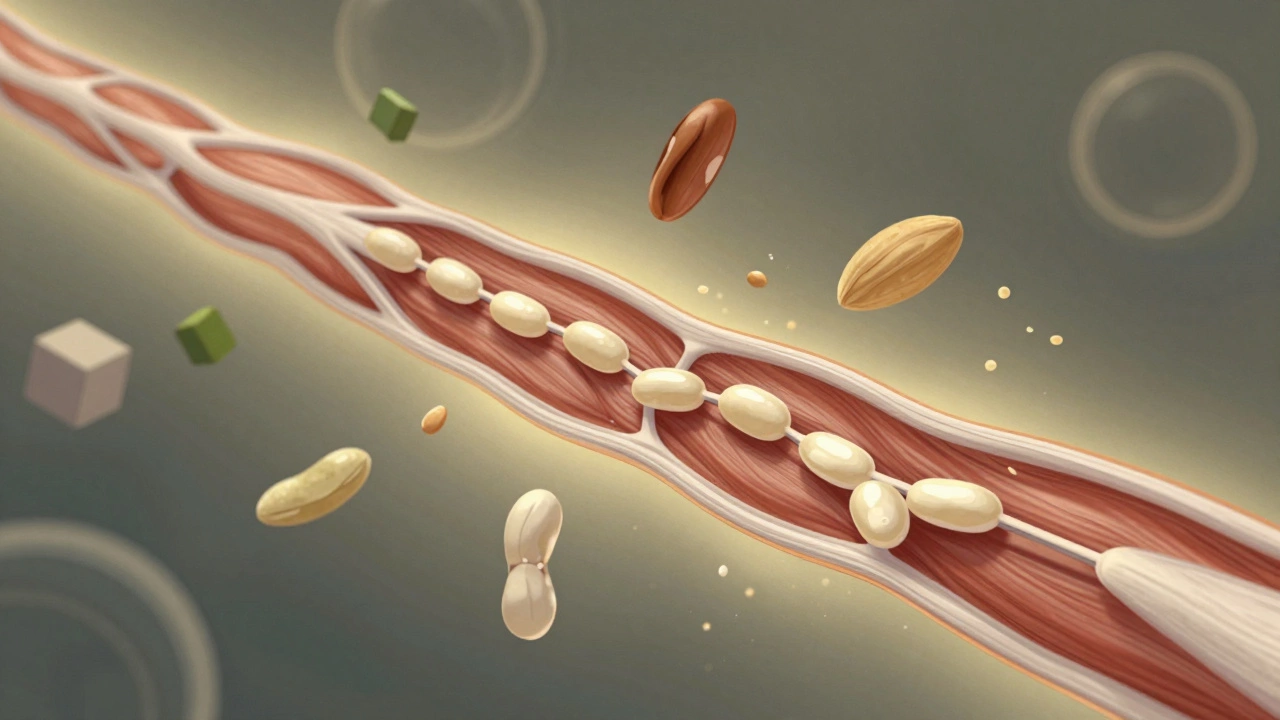 Микроскопическое изображение мышечного волокна, собирающегося из аминокислот, источники которых — бобы, злаки и семена.