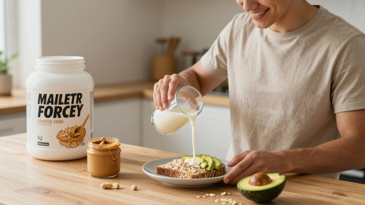 Молодой человек готовит здоровую еду: овсянку, авокадо, арахисовую пасту, гейнер лежит неиспользованным на столе.