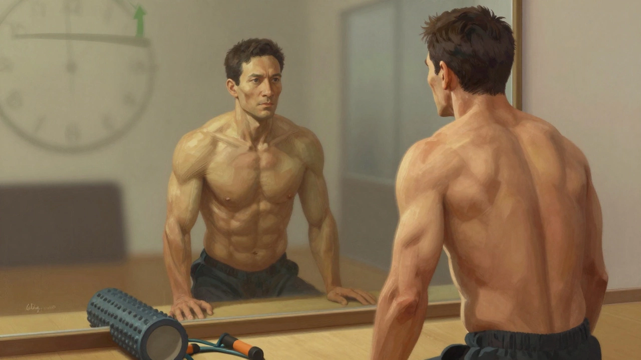 Мужчина смотрит в зеркало, где его отражение показывает более молодую версию себя, символизируя рост и трансформацию.