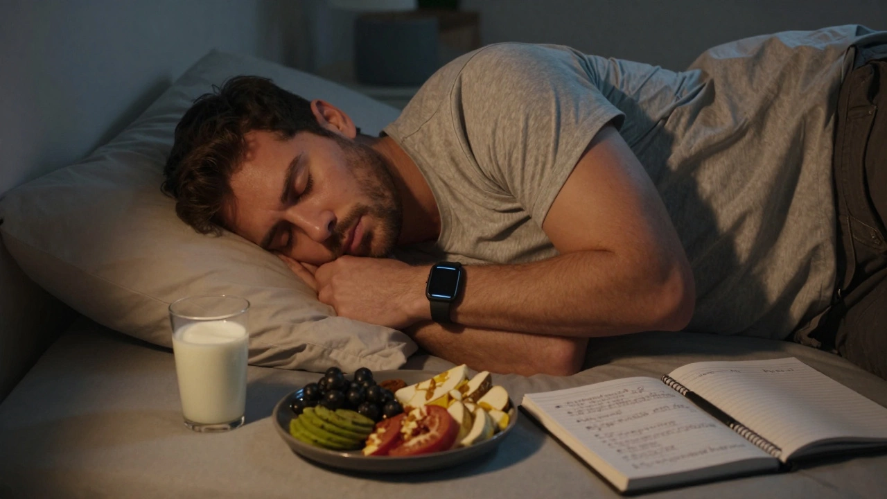 Мужчина спит в темной комнате, рядом — еда и запись тренировок, символизируя восстановление.