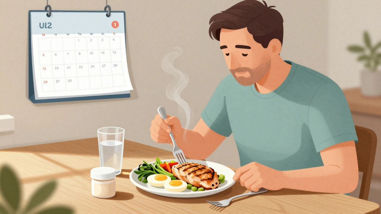 Мужчина среднего возраста ест сбалансированный обед с курицей, яйцами и овощами, рядом — контейнер с креатином.