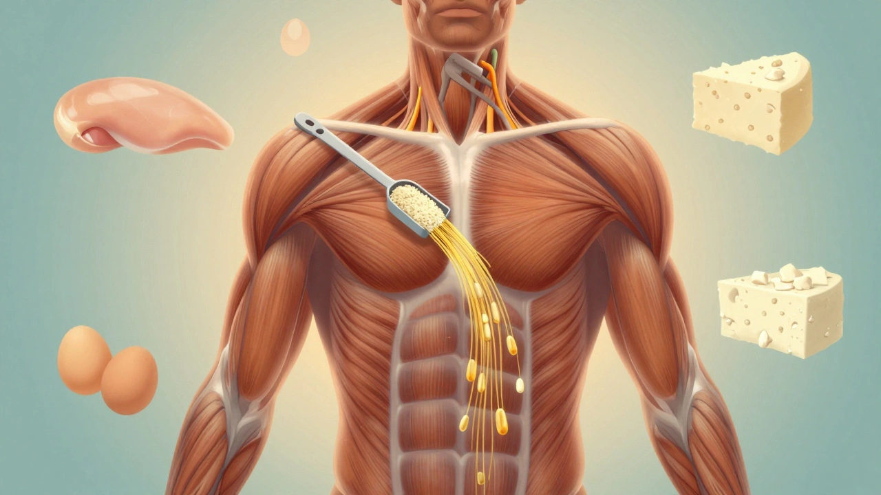 Прозрачное изображение мышечных волокон, восстанавливающихся после нагрузки, с потоком аминокислот.