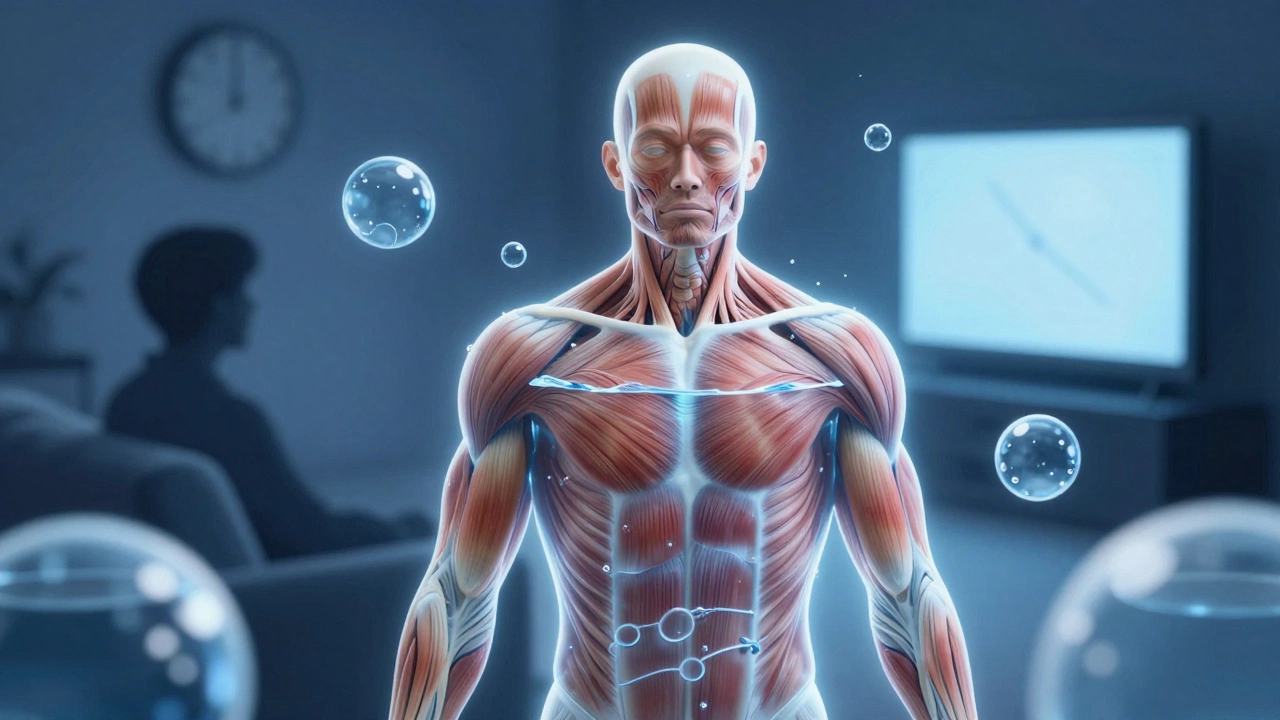 Прозрачные мышцы, наполненные водой, с плавающими молекулами креатина, человек сидит на диване в тени.