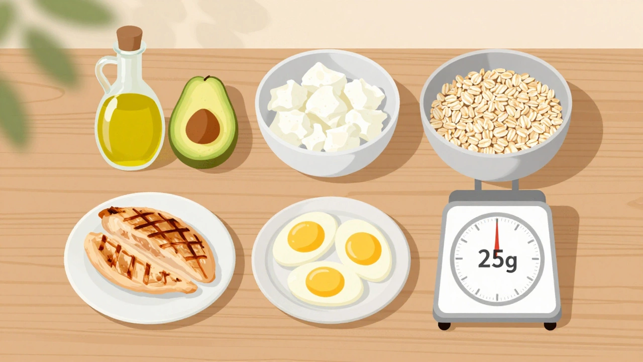 Сбалансированный обед на деревянном столе: куриная грудка, яйца, творог, овес, авокадо и оливковое масло.