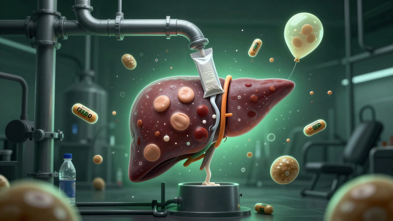 Схематичное изображение печени, превращающей сахар из гейнера в жир, с инсулиновыми молекулами и жировыми клетками.