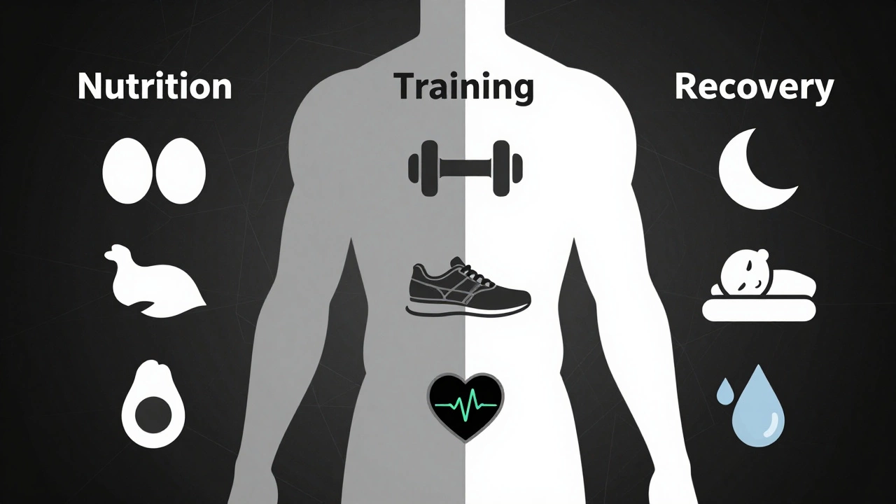 Силуэт человека с тремя секциями: питание, тренировки, восстановление, постепенно переходящий от жира к рельефу.