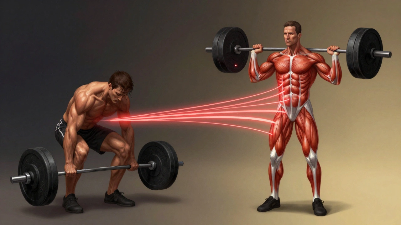 Сравнение двух состояний мышц: слабое и развитое, с визуализацией факторов роста.