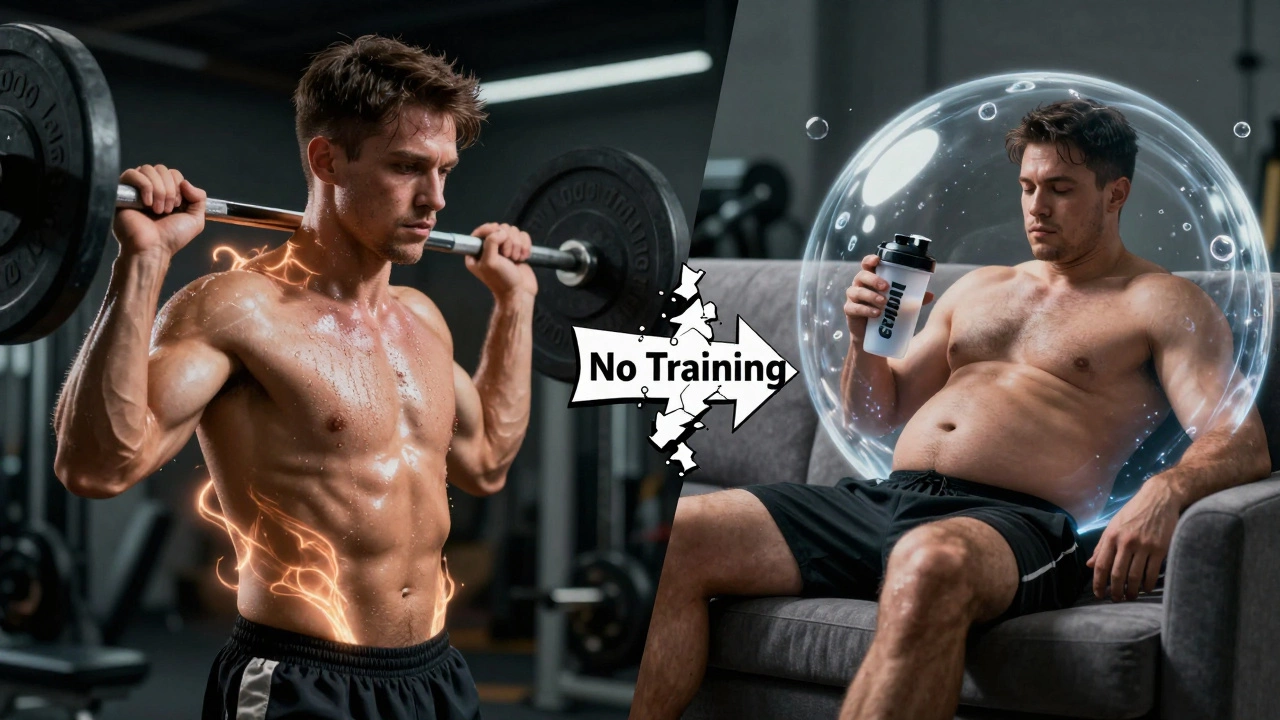 Сравнение: спортсмен в тренировке слева и тот же человек с отеком справа, между ними разорванная стрелка &#039;Без тренировок&#039;.