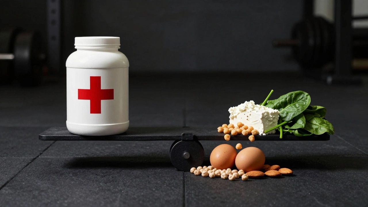 Весы: с одной стороны — протеиновый порошок со штрих-кодом, с другой — цельные продукты на гимнастическом мате.