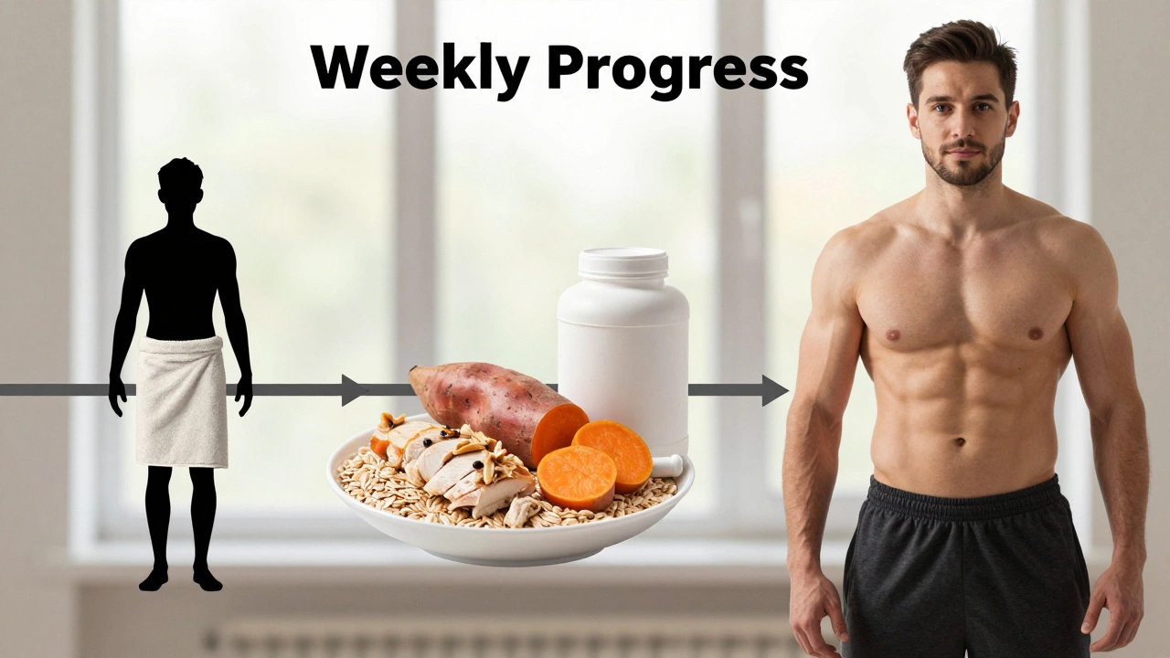 Визуальная хронология: от худого до полного телосложения бодибилдера с едой и добавками.