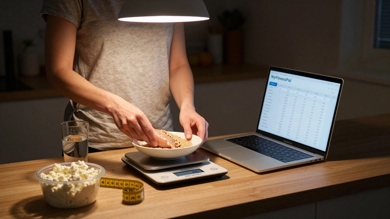 Женщина взвешивает курицу и киноа на кухонных весах ночью, рядом ноутбук с приложением для подсчета калорий.