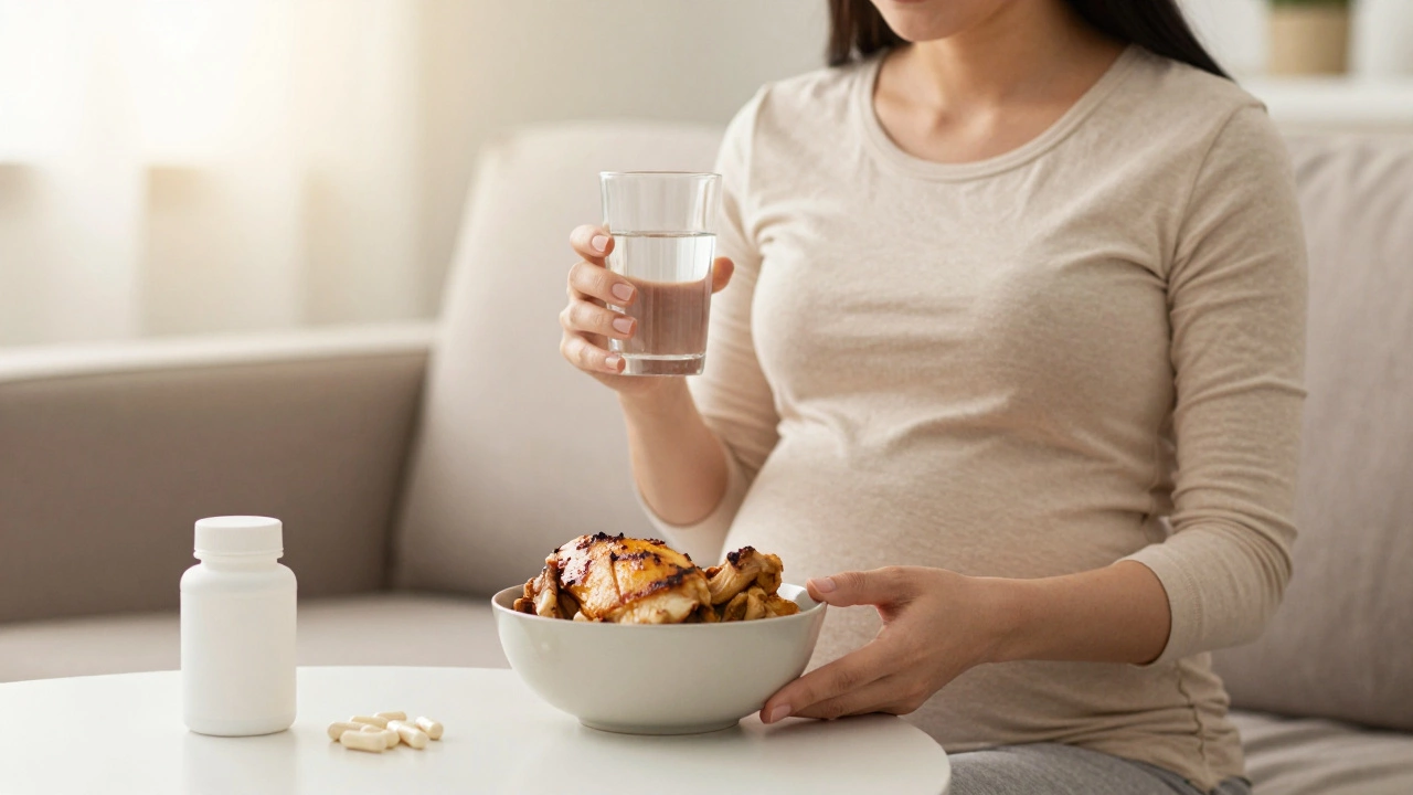 Беременная женщина пьет воду и ест курицу, креатин отложен на столе