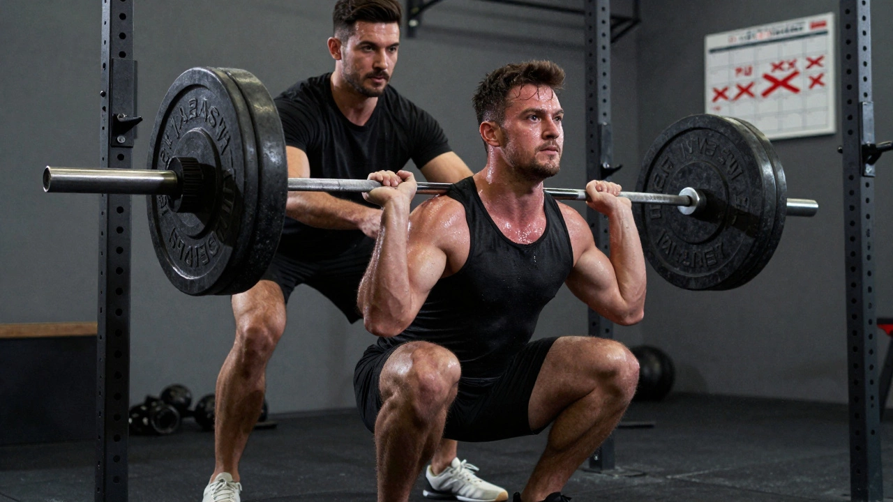 Мужчина делает присед со штангой в зале, тренер подстраховывает, на стене календарь с отмеченными тренировками.