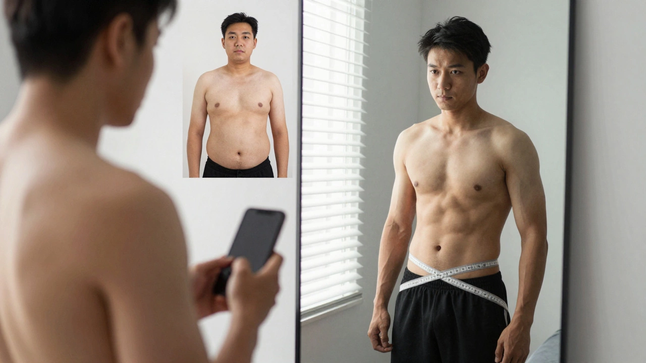 Мужчина смотрит в зеркало, сравнивая текущее тело с фото на телефоне, лента сантиметра на талии — прогресс без слов.