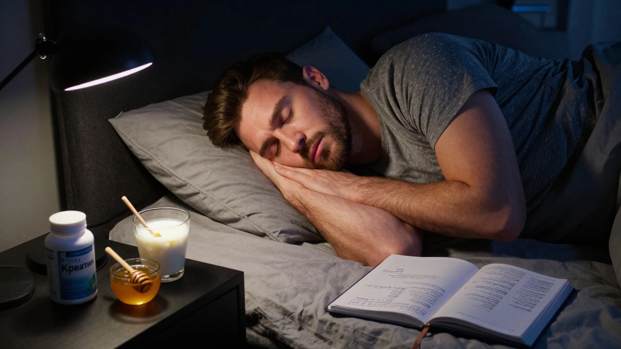 Мужчина спит в темной комнате, на тумбочке кефир с медом и бутылочка креатина, рядом дневник прогресса.