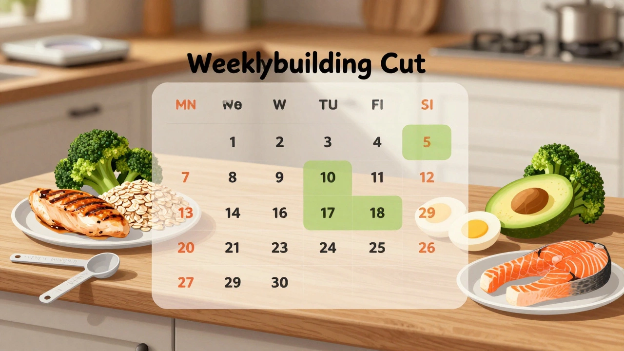 Недельное питание для сушки: курица, овсянка, брокколи, авокадо и лосось на деревянной поверхности.