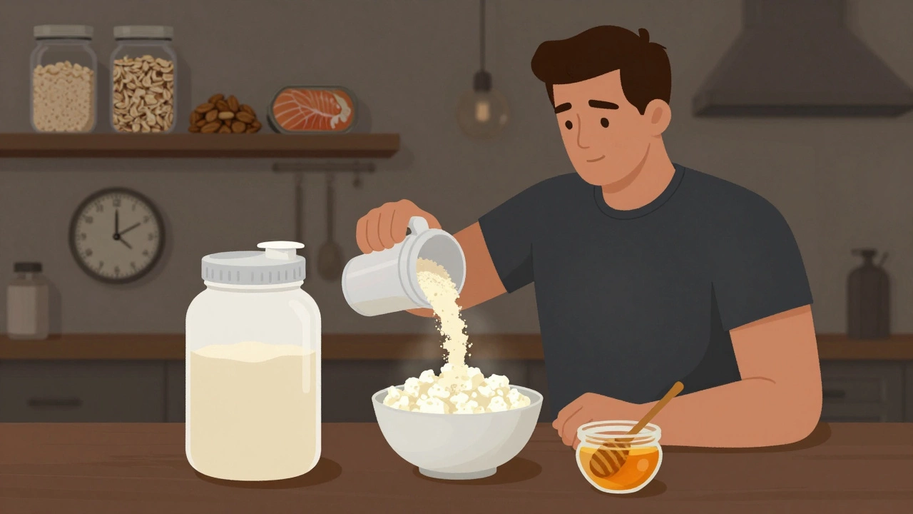 Ночной приём пищи: творог, мёд и протеиновый порошок в стакане.