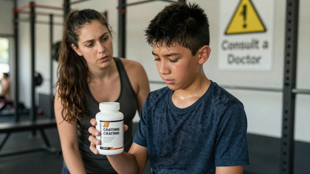 Подросток в тренажерном зале с бутылкой креатина, мать с тревогой смотрит сзади